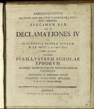 Spec. 19: Animadversionum In Pomp. Melam, Cum Varietate Lect. Cod. Cibiniens. Specimen XIX.