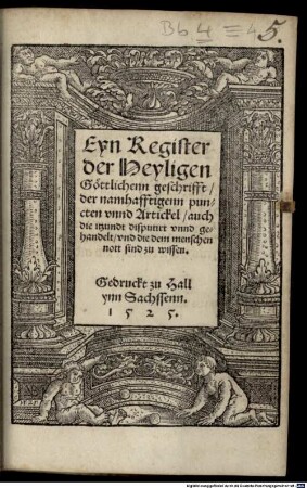 Eyn Register der Heyligen Goettlichenn geschrifft der namhafftigenn puncten vnnd Artickel auch die itzundt disputirt vnnd gehandelt vnd die dem menschen nott sind zu wissen. : (Ein schon Register Buchleyn alles des das ynn der heyligenn geschrifft ynn eyner eyl zu finden ... )
