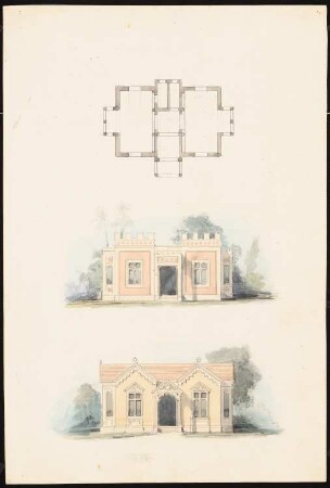 Pavillon, Kairo (?): 2 Ansichten und Grundriss eines Pavillons