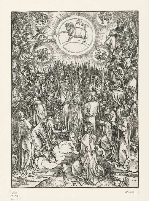 Lobgesang der Auserwählten im Himmel / Anbetung des Lammes, Blatt 12 aus: Albrecht Dürer, Apocalipsis cum figuris, Nürnberg 1498