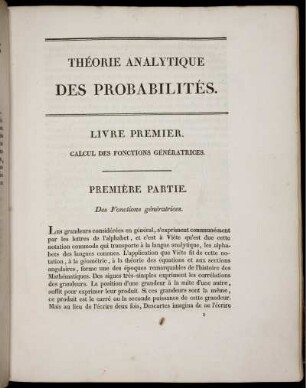Livre Premier. Calcul Des Fonctions Génératrices. Première Partie. Des Fonctions génératrices.