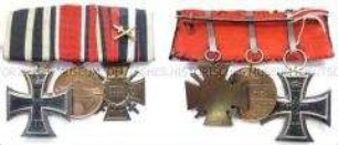 Große Ordensspange mit drei Dekorationen: Eisernes Kreuz 2. Klasse von 1914, Rote-Kreuz-Medaille 3. Klasse sowie Ehrenkreuz des Weltkrieges für Frontkämpfer mit Schwertern am Band