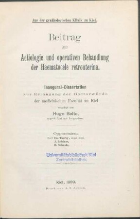 Beitrag zur Aetiologie und operativen Behandlung der Haematocele retrouterina