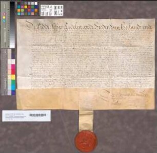 Als voren van de Staten van Holland en het Hof van Utrecht, 1594. Perkament met uithangend zegels.