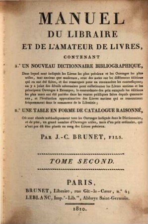 Manuel du libraire et de l'amateur de livres : contenant 1. un nouveau dictionnaire bibliographique ... 2. une table en forme de catalogue raisonné .... 2, K - Z