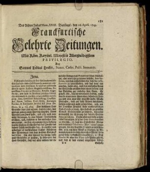 Num. XXXI. Dienstags, den 16. April. 1743 - Num. XL. Freytags, den 17. Maji 1743