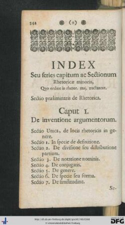 Index Seu series capitum ac Sectionum Rhetorica minoris.
