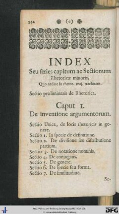 Index Seu series capitum ac Sectionum Rhetorica minoris.