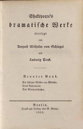 Shakspeare's dramatische Werke, 9. Die lustigen Weiber von Windsor. Titus Andronicus. Das Wintermährchen