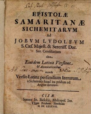 Epistolae Samaritanae, Sichemitarum ad Jobum Ludolfum