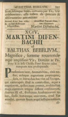 XCIV. Martini Difenbachii ad Balthas. Bebelium