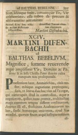 XCIV. Martini Difenbachii ad Balthas. Bebelium