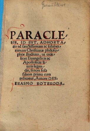 Paraclesis, id est, adhortatio ad ... christianae philosophiae studium
