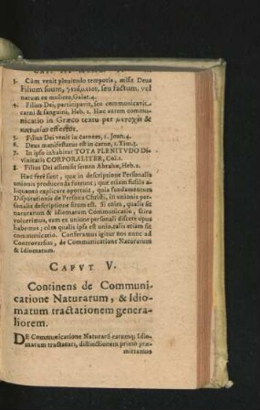Caput V. Continens de Communicatione Naturarum, & Idiomatum tractationem generaliorem.