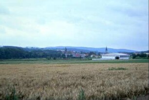 Blick über Felder zum Ort; Kirchturm und Schlossturm