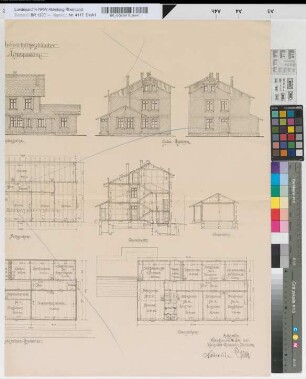 Aufenthaltsgebäude auf Bahnhof Altenhundem: Ansichten, Grundrisse, Schnitte [rechte Hälfte], M. 1:100
