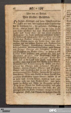 Uber den 27. Articul. Von Kloster-Gelübden.