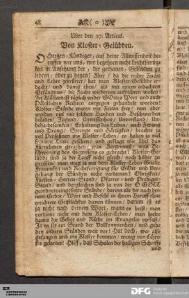 Uber den 27. Articul. Von Kloster-Gelübden.