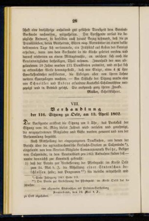 VIII. Verhandlung der 116. Sitzung zu Oels, am 13. April 1862