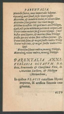 Parentalia Anniversaria Octavum Habita, Reverendis et Clarißimis Viris, D. Martino Luthero, et Philippo Melanthoni ...