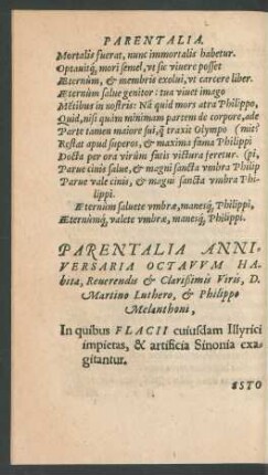Parentalia Anniversaria Octavum Habita, Reverendis et Clarißimis Viris, D. Martino Luthero, et Philippo Melanthoni ...