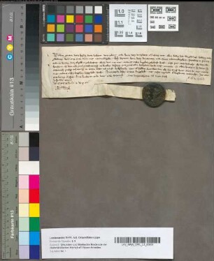 Belofte van Willem, Grave van Heinegouwen, om Heinrik, Heere van Brederode, schadelos te houden van een borgtocht, 4 Mei 1344. Perkament met een stuk van een uithangend zegel.