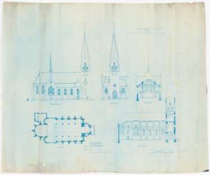 St. Laurentius, Rudersdorf bei Wilnsdorf: Seiten- und Vorderansicht, Quer- und Längsschnitt, Grundriss 1:200