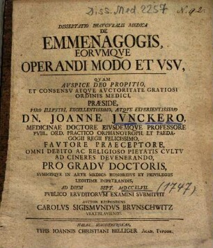 Dissertatio Inavgvralis Medica De Emmenagogis, Eorvmqve Operandi Modo Et Vsv
