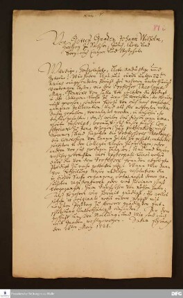 Reskript von Johann Wilhelm v. Sachsen-Eisenach an die Theologische Fakultät der Universität Jena.