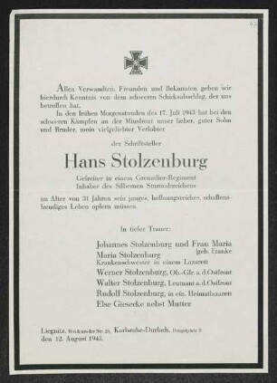 Brief von Johannes Stolzenburg, Maria Stolzenburg, Maria Stolzenburg, Werner Stolzenburg, Walter Stolzenburg, Rudolf Stolzenburg und Else Giesecke an Gerhart Hauptmann