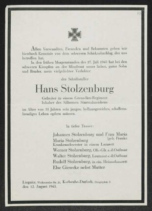 Brief von Johannes Stolzenburg, Maria Stolzenburg, Maria Stolzenburg, Werner Stolzenburg, Walter Stolzenburg, Rudolf Stolzenburg und Else Giesecke an Gerhart Hauptmann
