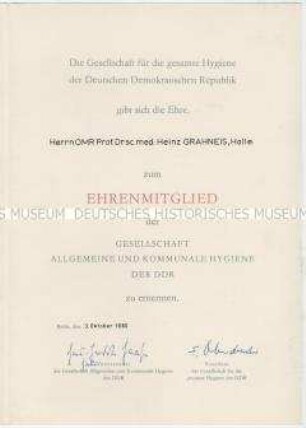 Ernennungsurkunde zum Ehrenmitglied der "Gesellschaft Allgemeine und Kommunale Hygiene der DDR" - Personenkonvolut