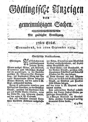 37stes Stück. Sonnabend, den 16ten September 1775.
