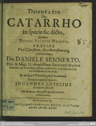 Disputatio De Catarrho in specie sic dicto