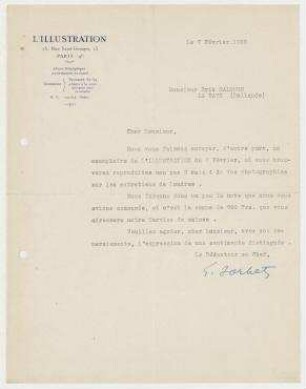 Brief von L´Illustration, Paris an Erich Salomon