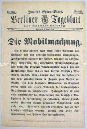 Extra-Blatt des "Berliner Tageblatts" zur allgemeinen Mobilmachung in Deutschland (Zweites Extra-Blatt)
