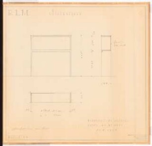 Reichsluftfahrtministerium, Berlin: Küchenanlage L3/Q2R (Sockelgeschoss), Küchenregale: Ansicht, Schnitt, Grundriss 1:10