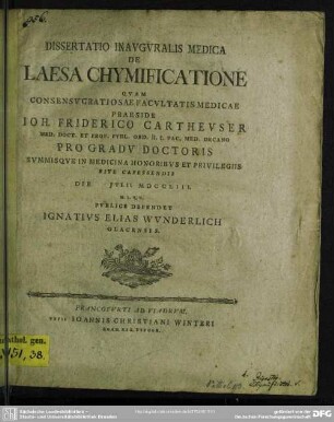 Dissertatio Inauguralis Medica De Laesa Chymificatione