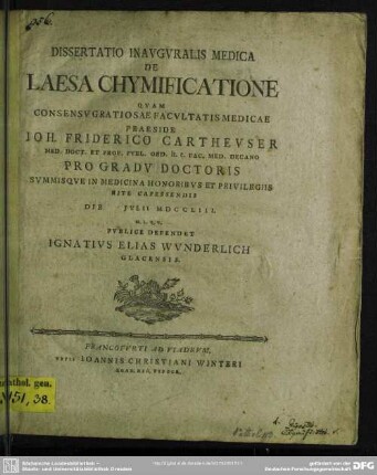 Dissertatio Inauguralis Medica De Laesa Chymificatione