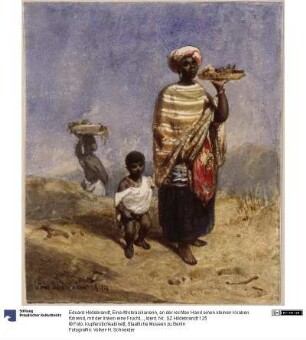Eine Afrobrasilianerin, an der rechten Hand einen kleinen Knaben führend, mit der linken eine Fruchtschale stemmend