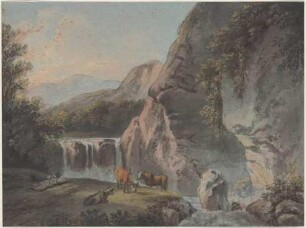 Hirt mit Kühen am Wasserfall
