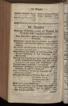 III. Register derjenigen Schriften, denen die Nahmen der Verfaßer nicht beygefügt worden.