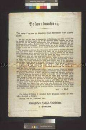 Maueranschlag: Bekanntmachung der Regierungsprogramms des Ministeriums Pfuel; Berlin, 22. September 1848