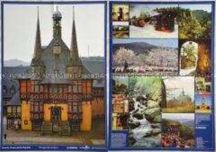 Doppelseitiges bedrucktes Poster des Reisebüros der DDR mit Abbildungen von Wernigerode und anderen Harzmotiven