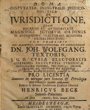 Disputatio Inauguralis Iuridico-Politica De Iurisdictione