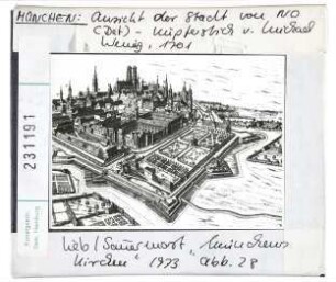 München: Stadtansicht von NO, Kupferstich von Michael Wening 1701