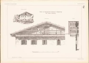 Baumgartners Gasthaus, Sigharting: Ansicht, Vorderansicht, Schnitt (aus: Das Bauernhaus in Österreich-Ungarn, hrsg.v. Ingenieur- und Architektenverein, 1906)