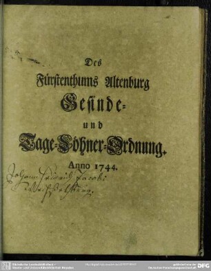 Des Fürstenthums Altenburg Gesinde- und Tage-Löhner-Ordnung
