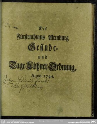 Des Fürstenthums Altenburg Gesinde- und Tage-Löhner-Ordnung