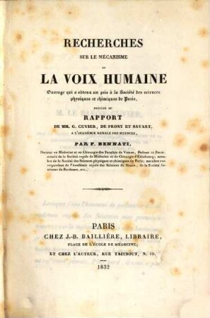 Recherches sur le mécanisme de la voix humaine ...